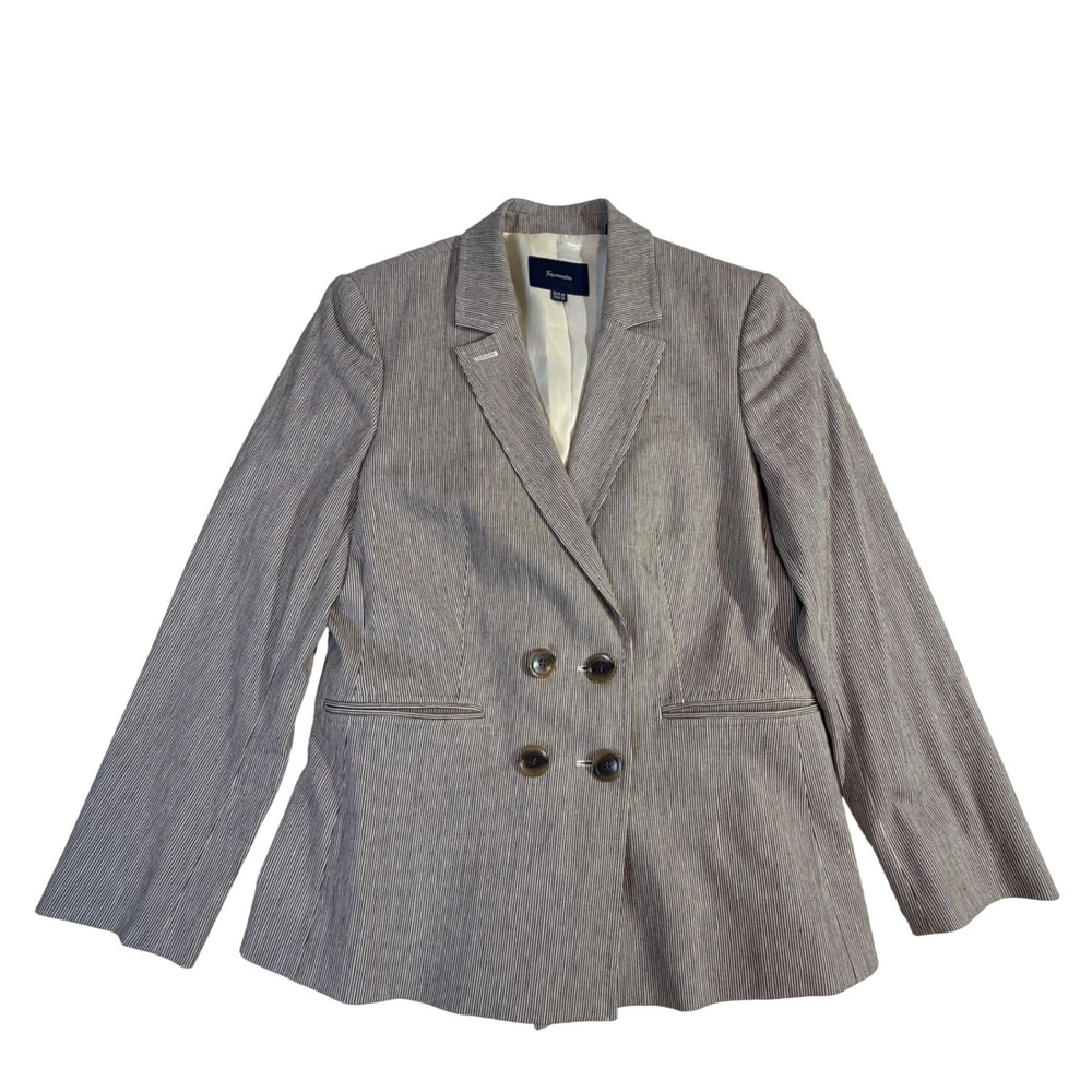 Faconnable Cotton Linen Blazer Size 10 Navy Pinstripe Double Breasted READ